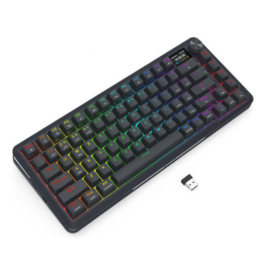 Redragon Fleckat Pro K708-PRO 75% Gaming Mechanical Keyboard, Special Leopard L Switch, Hot-Swappable, Tri-Mode (Wired/2.4G/BT) Connectivity, Programmed LCD Display & Knob, Black | K708-RGB-PRO